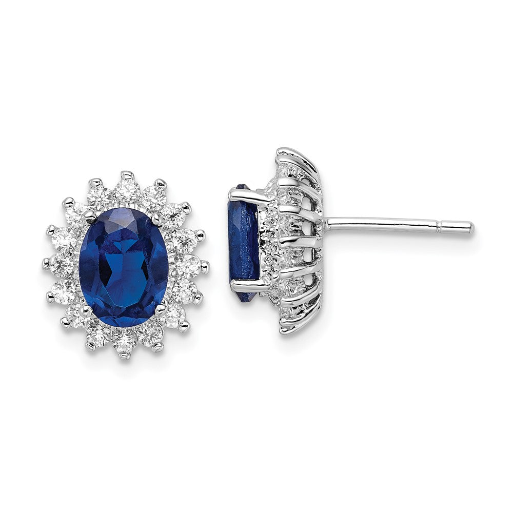 QCM1462 Cheryl M Sterling Silver Rhodium-plated Brilliant-cut Lab Created Dark Blue Spinel and Brilliant-cut White CZ Oval Halo Post Earrings