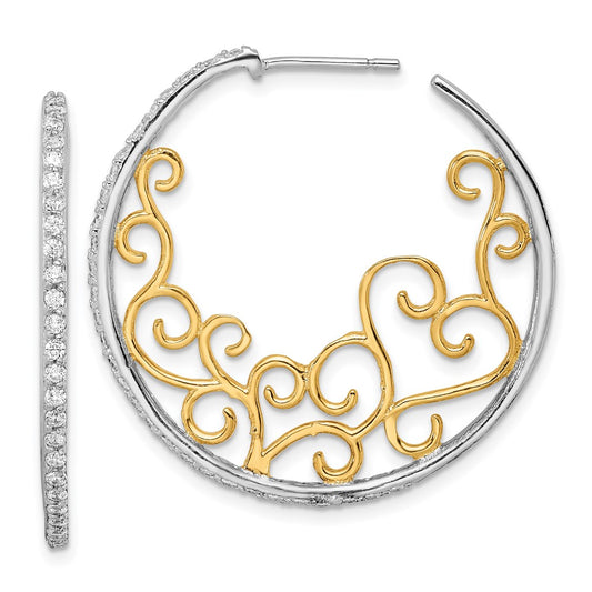 QCM1466 Cheryl M Sterling Silver Rhodium-plated and Gold-plated Brilliant-cut CZ Swirl Round Post Hoop Earrings