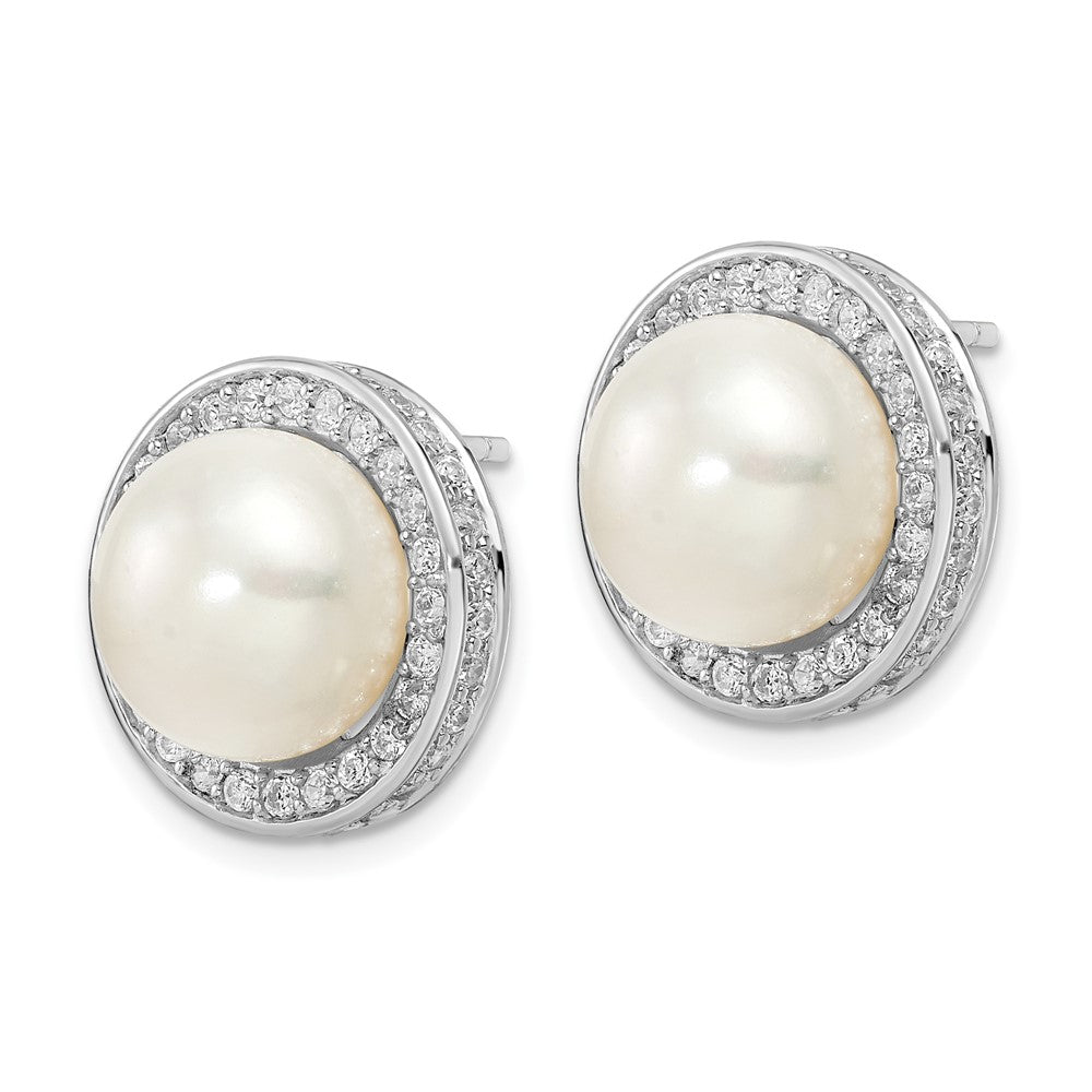 QCM1472 Cheryl M Sterling Silver Rhodium-plated 12mm Button Freshwater Cultured Pearl and Brilliant-cut CZ Halo Post Earrings