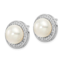 QCM1472 Cheryl M Sterling Silver Rhodium-plated 12mm Button Freshwater Cultured Pearl and Brilliant-cut CZ Halo Post Earrings