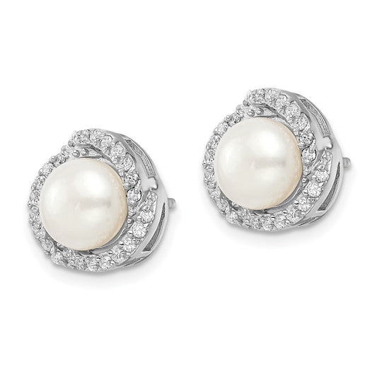 QCM1473 Cheryl M Sterling Silver Rhodium-plated Freshwater Cultured Pearl and Brilliant-cut CZ Love Knot Post Earrings