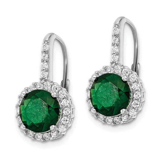 QCM1480 Cheryl M Sterling Silver Rhodium-plated Brilliant-cut Green Glass and Brilliant-cut White CZ Halo Leverback Earrings