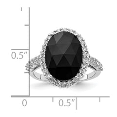 Cheryl M Sterling Silver Rhodium-plated Checker-cut Black CZ and Brilliant-cut White CZ Oval Halo Ring