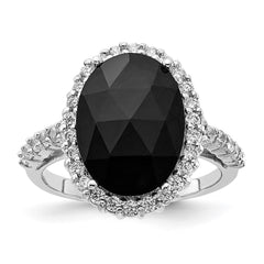 Cheryl M Sterling Silver Rhodium-plated Checker-cut Black CZ and Brilliant-cut White CZ Oval Halo Ring