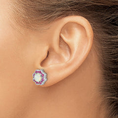 QCM1513 Cheryl M Sterling Silver Rhodium-plated Cabochon Lab Created Opal and Brilliant-cut Red Nano Crystal Flower Post Earrings