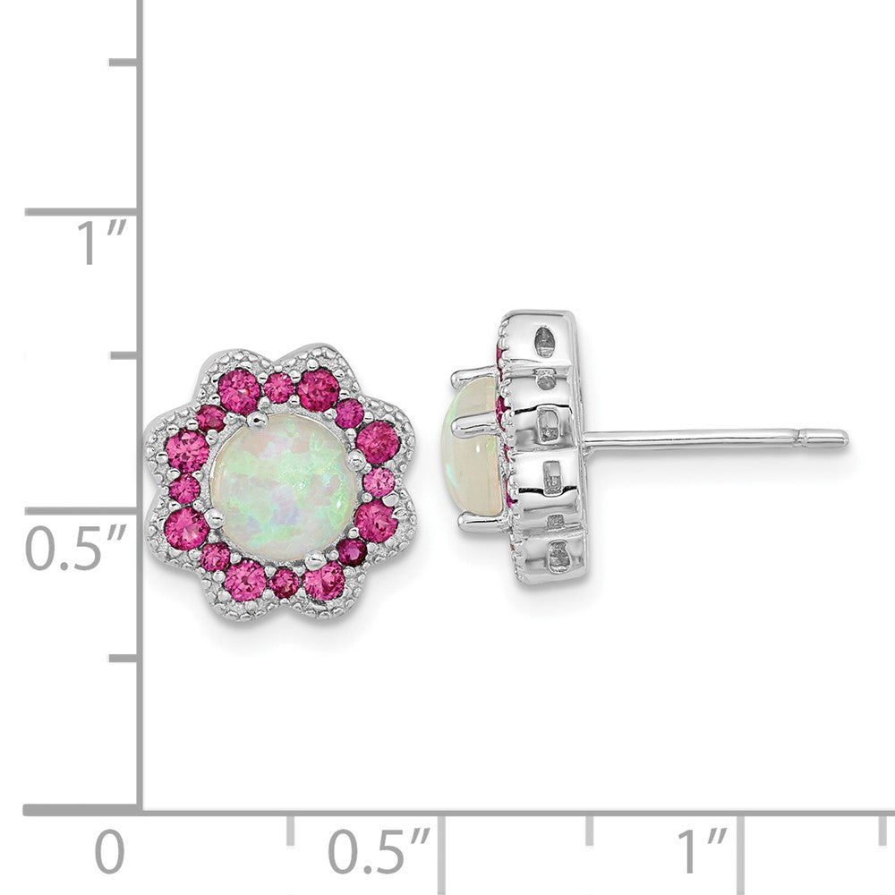 QCM1513 Cheryl M Sterling Silver Rhodium-plated Cabochon Lab Created Opal and Brilliant-cut Red Nano Crystal Flower Post Earrings