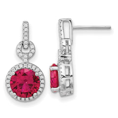 QCM1517 Cheryl M Sterling Silver Rhodium-plated Brilliant-cut Lab Created Ruby and Brilliant-cut White CZ Round Halo Post Dangle Earrings