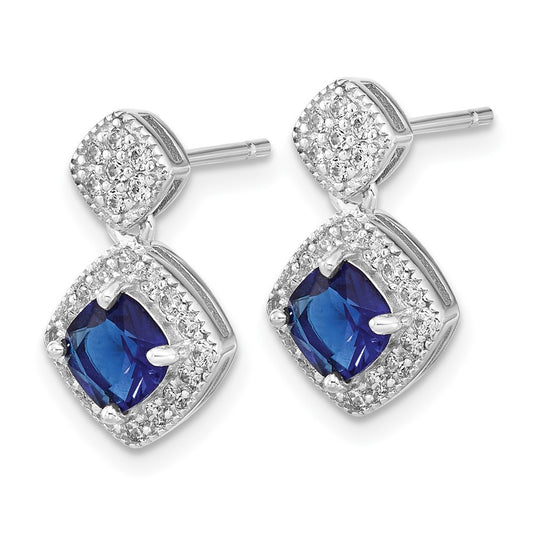 QCM1518 Cheryl M Sterling Silver Rhodium-plated Cushion-cut Blue Glass and Brilliant-cut White CZ Post Dangle Earrings