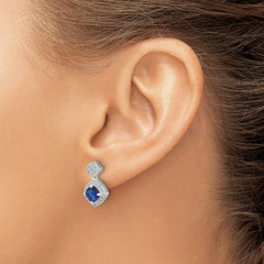 QCM1518 Cheryl M Sterling Silver Rhodium-plated Cushion-cut Blue Glass and Brilliant-cut White CZ Post Dangle Earrings