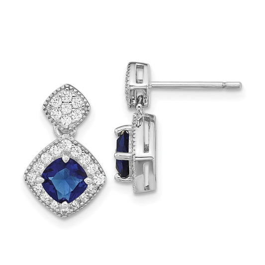 QCM1518 Cheryl M Sterling Silver Rhodium-plated Cushion-cut Blue Glass and Brilliant-cut White CZ Post Dangle Earrings