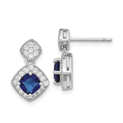 QCM1518 Cheryl M Sterling Silver Rhodium-plated Cushion-cut Blue Glass and Brilliant-cut White CZ Post Dangle Earrings