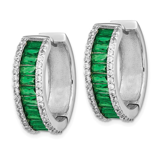 QCM1519 Cheryl M Sterling Silver Rhodium-plated Emerald-cut Green Nano Crystal and Brilliant-cut White CZ Round Hinged Hoop Earrings