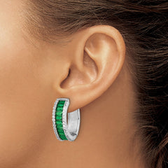 QCM1519 Cheryl M Sterling Silver Rhodium-plated Emerald-cut Green Nano Crystal and Brilliant-cut White CZ Round Hinged Hoop Earrings
