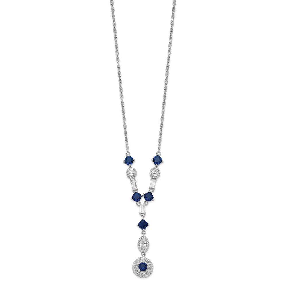 Cheryl M Sterling Silver Rhodium-plated Cushion-cut/Brilliant-cut Blue Glass and Brilliant-cut/Baguette-cut White CZ Fancy Dangle Y-Drop 18 Inch Necklace QCM1522-18