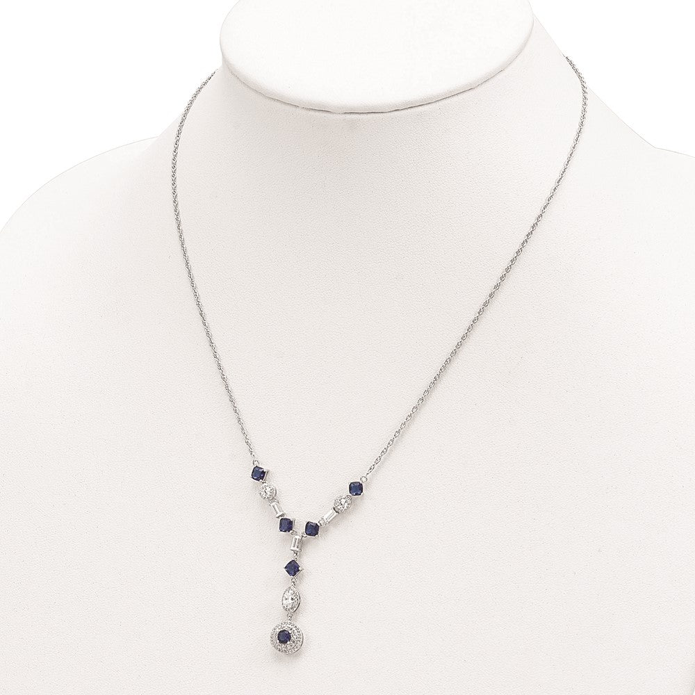 Cheryl M Sterling Silver Rhodium-plated Cushion-cut/Brilliant-cut Blue Glass and Brilliant-cut/Baguette-cut White CZ Fancy Dangle Y-Drop 18 Inch Necklace QCM1522-18