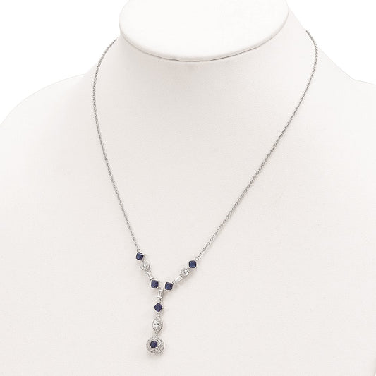 Cheryl M Sterling Silver Rhodium-plated Cushion-cut/Brilliant-cut Blue Glass and Brilliant-cut/Baguette-cut White CZ Fancy Dangle Y-Drop 18 Inch Necklace QCM1522-18