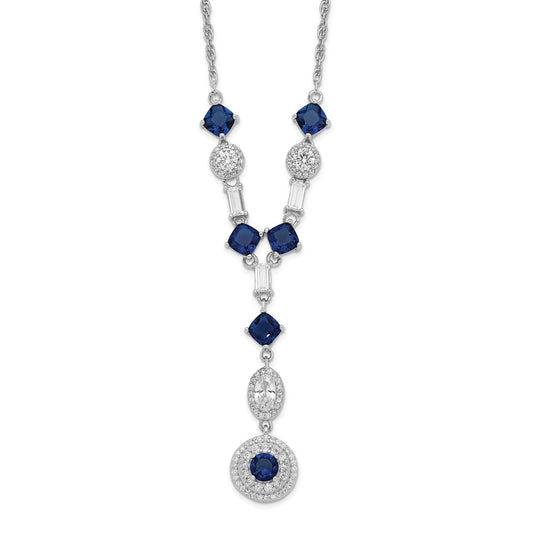 Cheryl M Sterling Silver Rhodium-plated Cushion-cut/Brilliant-cut Blue Glass and Brilliant-cut/Baguette-cut White CZ Fancy Dangle Y-Drop 18 Inch Necklace QCM1522-18