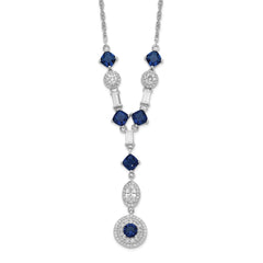 Cheryl M Sterling Silver Rhodium-plated Cushion-cut/Brilliant-cut Blue Glass and Brilliant-cut/Baguette-cut White CZ Fancy Dangle Y-Drop 18 Inch Necklace QCM1522-18