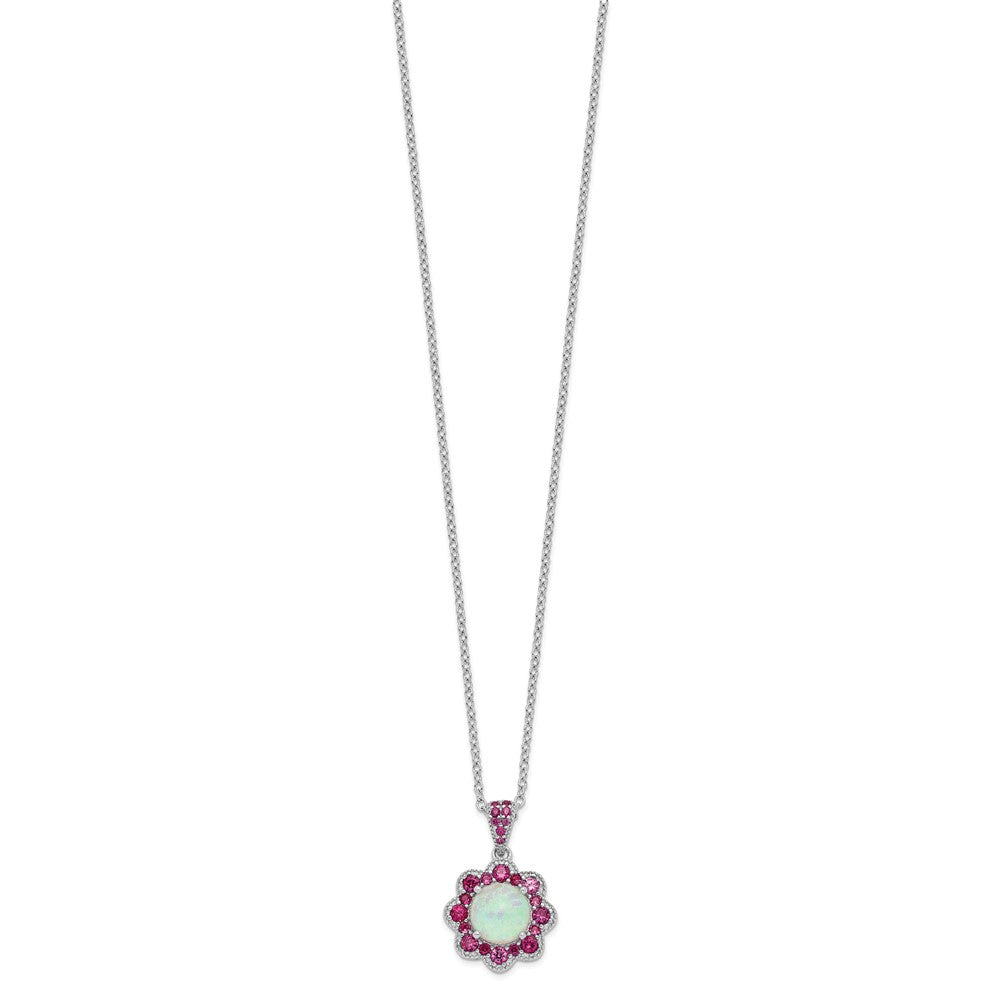 Cheryl M Sterling Silver Rhodium-plated Cabochon Lab Created Opal and Brilliant-cut Red Nano Crystal Flower 18 Inch Necklace QCM1523-18