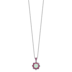 Cheryl M Sterling Silver Rhodium-plated Cabochon Lab Created Opal and Brilliant-cut Red Nano Crystal Flower 18 Inch Necklace QCM1523-18