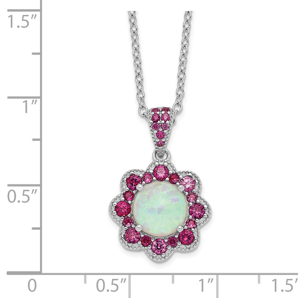Cheryl M Sterling Silver Rhodium-plated Cabochon Lab Created Opal and Brilliant-cut Red Nano Crystal Flower 18 Inch Necklace QCM1523-18