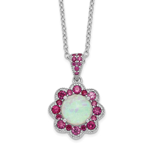 Cheryl M Sterling Silver Rhodium-plated Cabochon Lab Created Opal and Brilliant-cut Red Nano Crystal Flower 18 Inch Necklace QCM1523-18