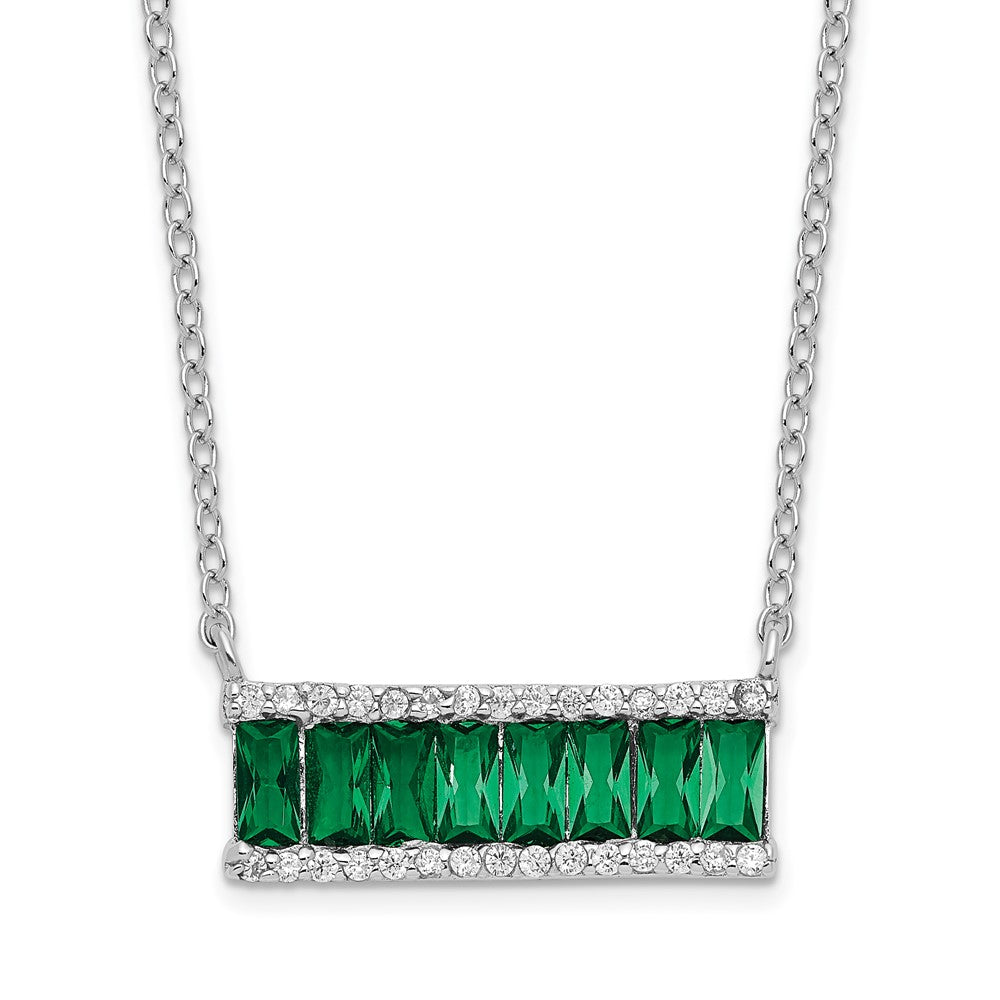 Cheryl M Sterling Silver Rhodium-plated Emerald-cut Green Nano Crystal and Brilliant-cut White CZ Bar 18 Inch Necklace QCM1525-18