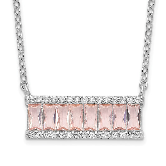 Cheryl M Sterling Silver Rhodium-plated Emerald-cut Pink Nano Crystal and White Brilliant-cut CZ Bar 18 Inch Necklace QCM1526-18