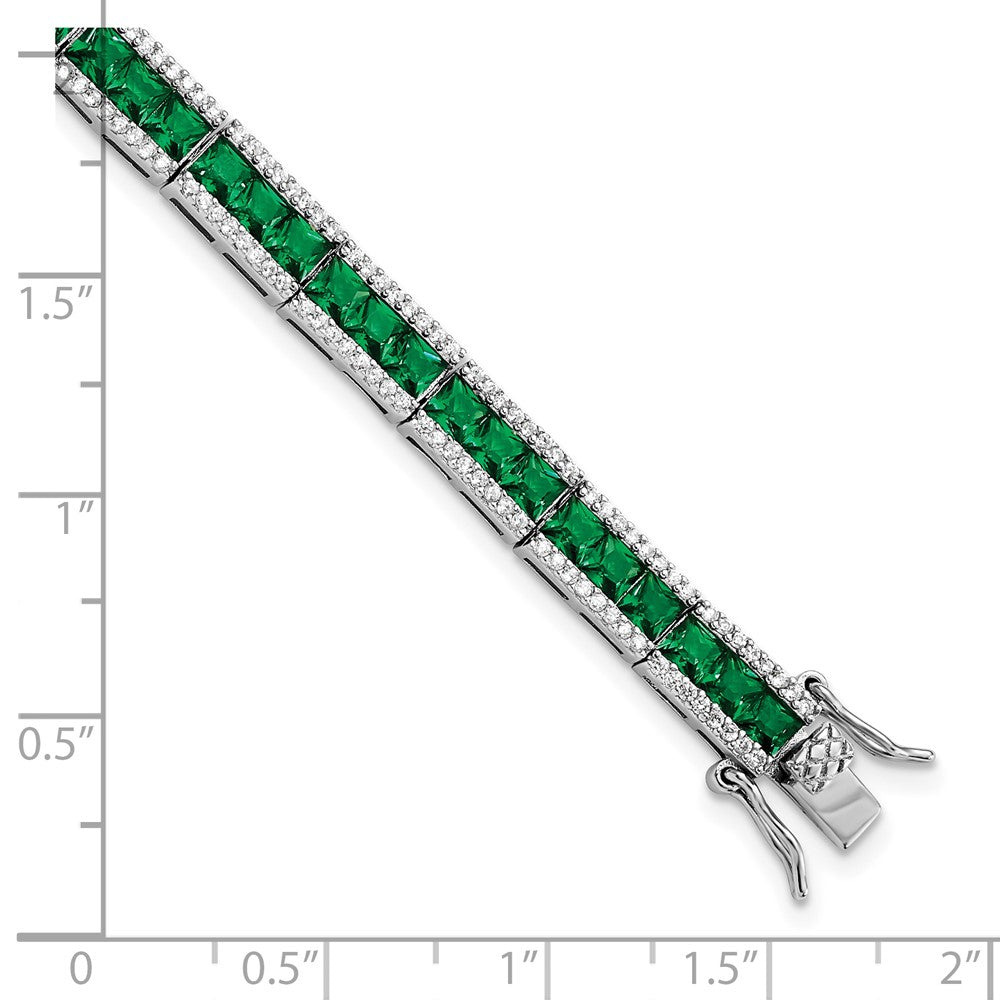 Cheryl M Sterling Silver Rhodium-plated Princess-cut Green Nano Crystal and Brilliant-cut White CZ 7.25 Inch Bracelet QCM1535-7.25