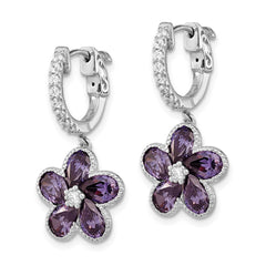 QCM1561 Cheryl M Sterling Silver Rhodium-plated Purple and White Brilliant-cut CZ Flower Hinged Hoop Dangle Earrings