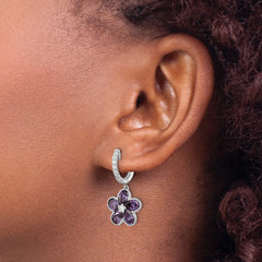 QCM1561 Cheryl M Sterling Silver Rhodium-plated Purple and White Brilliant-cut CZ Flower Hinged Hoop Dangle Earrings