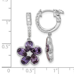 QCM1561 Cheryl M Sterling Silver Rhodium-plated Purple and White Brilliant-cut CZ Flower Hinged Hoop Dangle Earrings