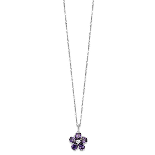 Cheryl M Sterling Silver Rhodium-plated Purple and White Brilliant-cut CZ Flower 16 Inch Necklace with 2 Inch Extender QCM1562-16