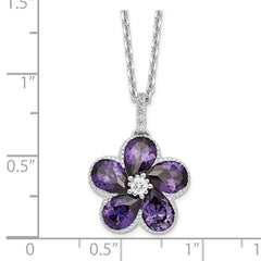 Cheryl M Sterling Silver Rhodium-plated Purple and White Brilliant-cut CZ Flower 16 Inch Necklace with 2 Inch Extender QCM1562-16