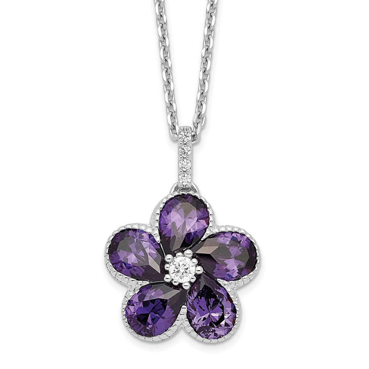 Cheryl M Sterling Silver Rhodium-plated Purple and White Brilliant-cut CZ Flower 16 Inch Necklace with 2 Inch Extender QCM1562-16