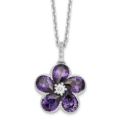 Cheryl M Sterling Silver Rhodium-plated Purple and White Brilliant-cut CZ Flower 16 Inch Necklace with 2 Inch Extender QCM1562-16