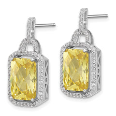QCM1574 Cheryl M Sterling Silver Rhodium-plated Fancy Yellow Checkerboard-cut and White Brilliant-cut CZ Post Dangle Earrings