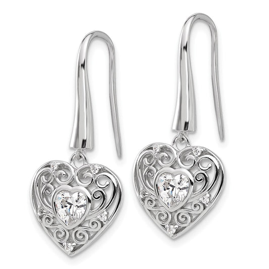 QCM1588 Cheryl M Sterling Silver Rhodium-plated Brilliant-cut CZ Heart Dangle Earrings