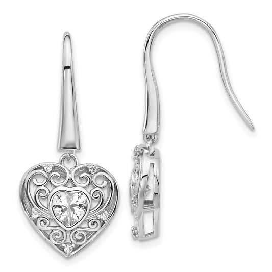 QCM1588 Cheryl M Sterling Silver Rhodium-plated Brilliant-cut CZ Heart Dangle Earrings