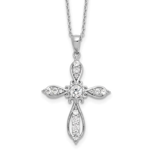 Cheryl M Sterling Silver Rhodium-plated Brilliant-cut CZ Cross 18 Inch Necklace with 2 Inch Extender QCM1607-18