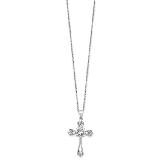 Cheryl M Sterling Silver Rhodium-plated Brilliant-cut CZ Cross 18 Inch Necklace with 2 Inch Extender QCM1612-18