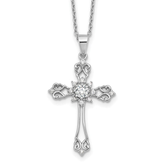 Cheryl M Sterling Silver Rhodium-plated Brilliant-cut CZ Cross 18 Inch Necklace with 2 Inch Extender QCM1612-18