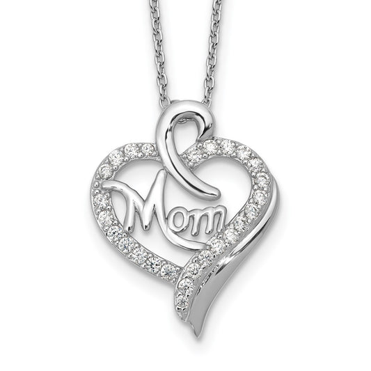 Cheryl M Sterling Silver Rhodium-plated Brilliant-cut CZ MOM Heart 18 Inch Necklace with 2 Inch Extender QCM1615-18
