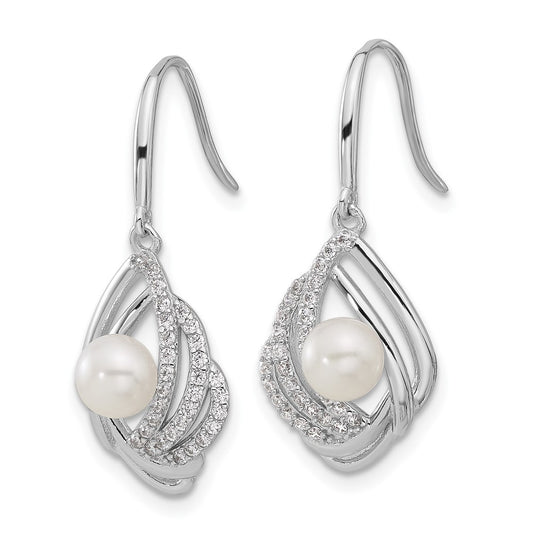 QCM1622 Cheryl M Sterling Silver Rhodium-plated Freshwater Cultured Pearl and Brilliant-cut CZ Teardrop Shepherd Hook Dangle Earrings