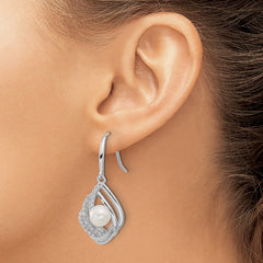 QCM1622 Cheryl M Sterling Silver Rhodium-plated Freshwater Cultured Pearl and Brilliant-cut CZ Teardrop Shepherd Hook Dangle Earrings