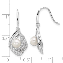 QCM1622 Cheryl M Sterling Silver Rhodium-plated Freshwater Cultured Pearl and Brilliant-cut CZ Teardrop Shepherd Hook Dangle Earrings