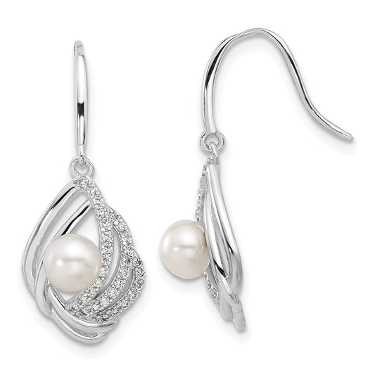 QCM1622 Cheryl M Sterling Silver Rhodium-plated Freshwater Cultured Pearl and Brilliant-cut CZ Teardrop Shepherd Hook Dangle Earrings