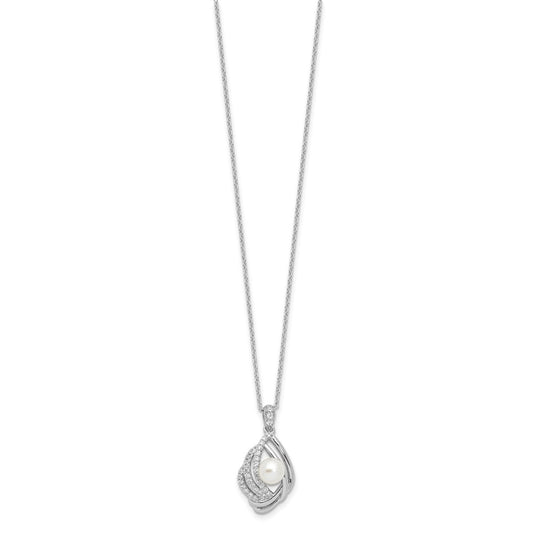 Cheryl M Sterling Silver Rhodium-plated Freshwater Cultured Pearl and Brilliant-cut CZ Teardrop Design 18 Inch Necklace with 2 Inch Extender QCM1623-18