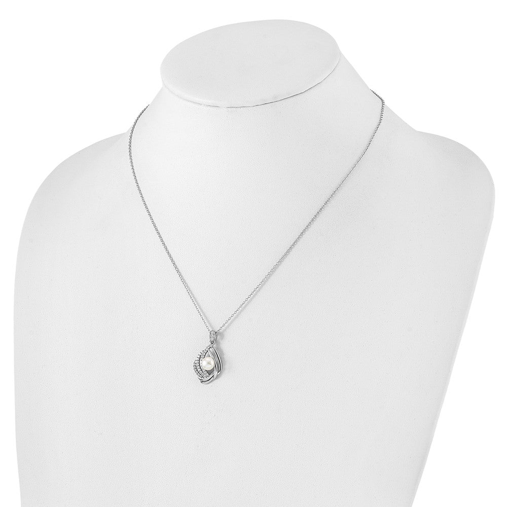 Cheryl M Sterling Silver Rhodium-plated Freshwater Cultured Pearl and Brilliant-cut CZ Teardrop Design 18 Inch Necklace with 2 Inch Extender QCM1623-18