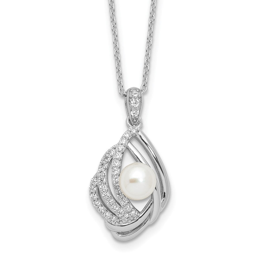 Cheryl M Sterling Silver Rhodium-plated Freshwater Cultured Pearl and Brilliant-cut CZ Teardrop Design 18 Inch Necklace with 2 Inch Extender QCM1623-18